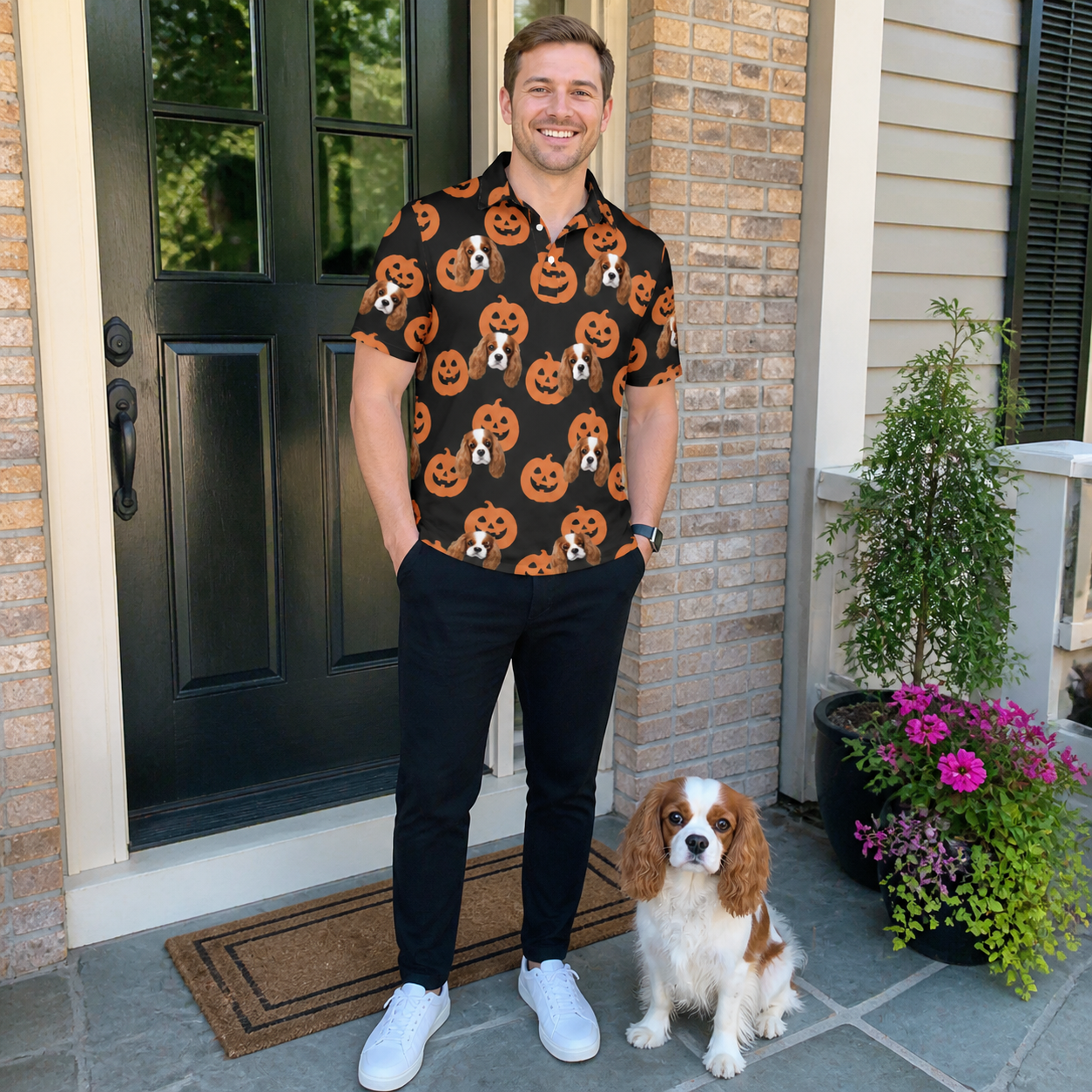 Full-length photo with the pet printed all over this Men's Frightlight Fancies Custom Dog Face Polo Shirt