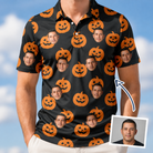 Man wearing Men's Frightlight Fancies Custom Face Polo Shirt — custom faces printed all-over