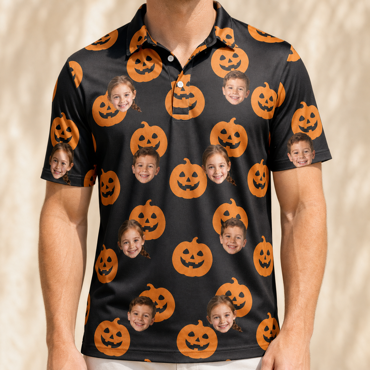 Model wearing Men's Frightlight Fancies Custom Face Polo Shirt printed with kids' faces
