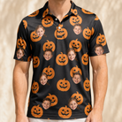 Model wearing Men's Frightlight Fancies Custom Face Polo Shirt printed with kids' faces