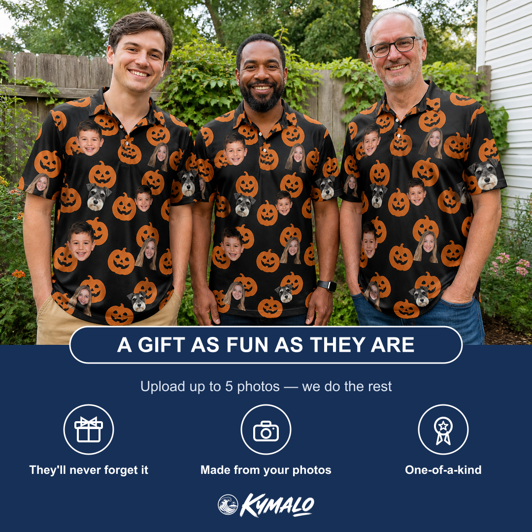 Friends in matching Men's Frightlight Fancies Custom Face Polo Shirt — a group gift photo