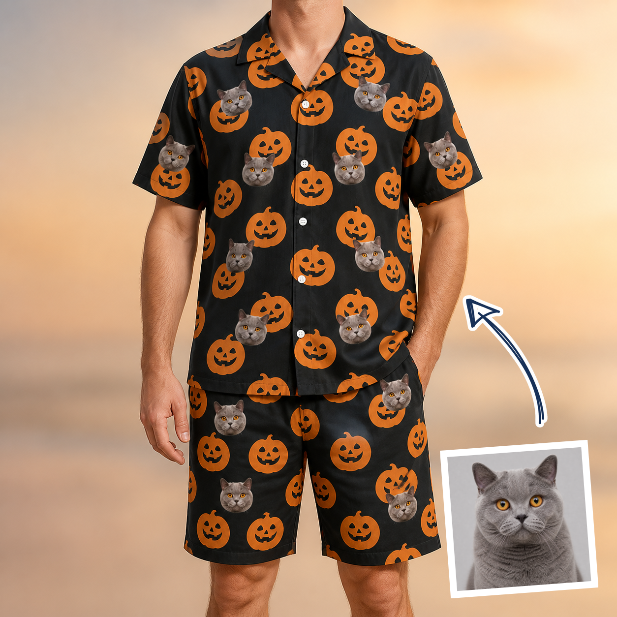 Man wearing Men's Frightlight Fancies Custom Cat Face Shirt & Shorts Set — custom faces printed all-over