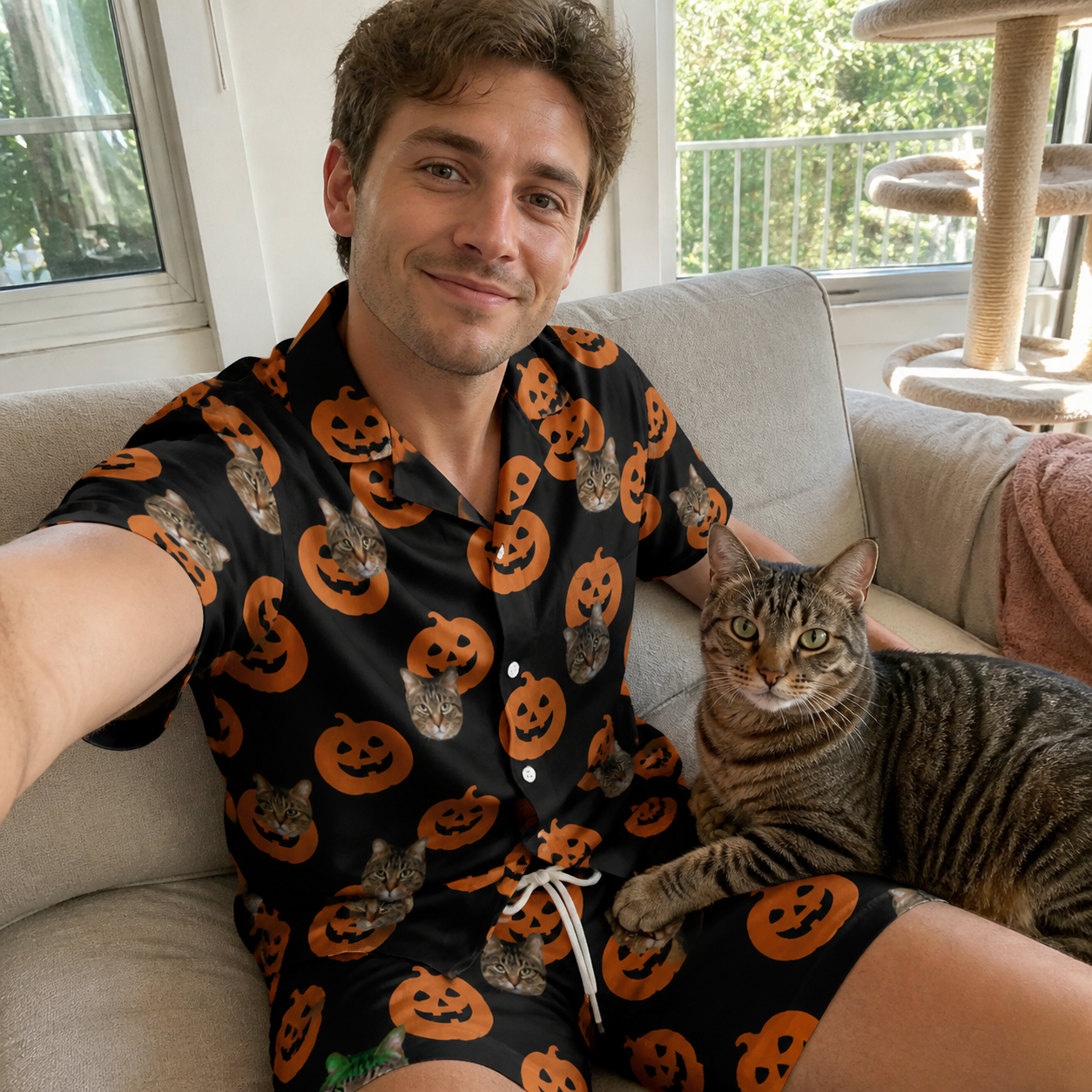 Selfie with the pet whose face is printed all over this Men's Frightlight Fancies Custom Cat Face Shirt & Shorts Set