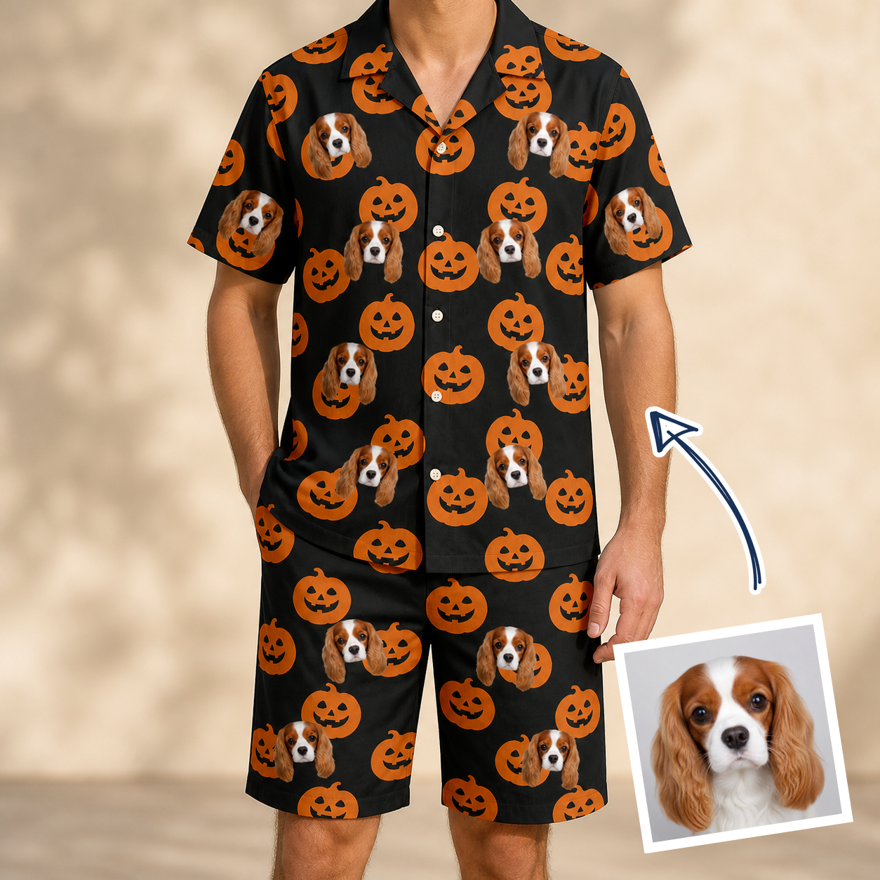 Man wearing Men's Frightlight Fancies Custom Dog Face Shirt & Shorts Set — custom faces printed all-over