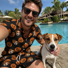 Selfie with the pet whose face is printed all over this Men's Frightlight Fancies Custom Dog Face Shirt & Shorts Set
