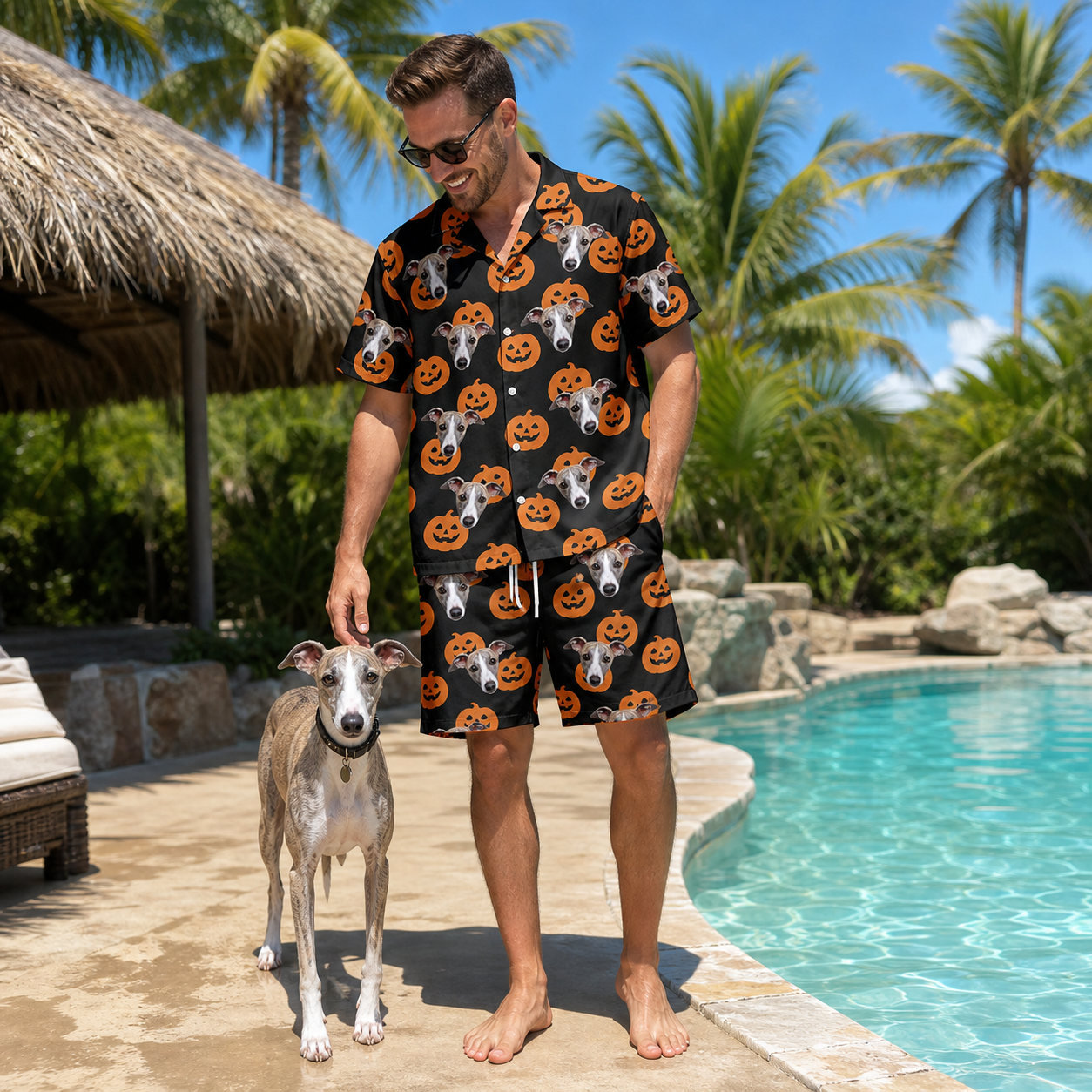 Full-length photo with the pet printed all over this Men's Frightlight Fancies Custom Dog Face Shirt & Shorts Set