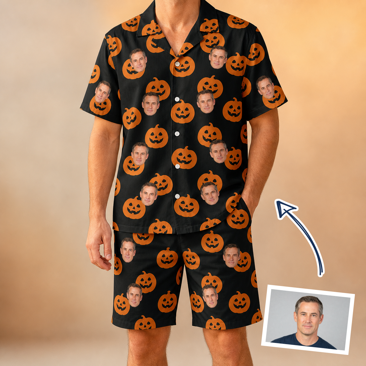 Man wearing Men's Frightlight Fancies Custom Face Shirt & Shorts Set — custom faces printed all-over