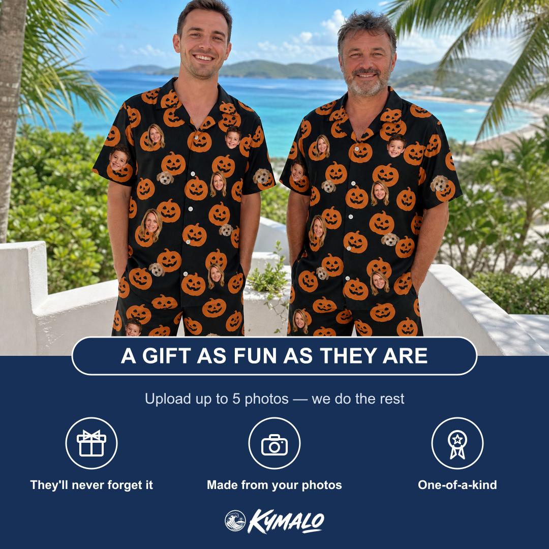 Friends in matching Men's Frightlight Fancies Custom Face Shirt & Shorts Set — a group gift photo