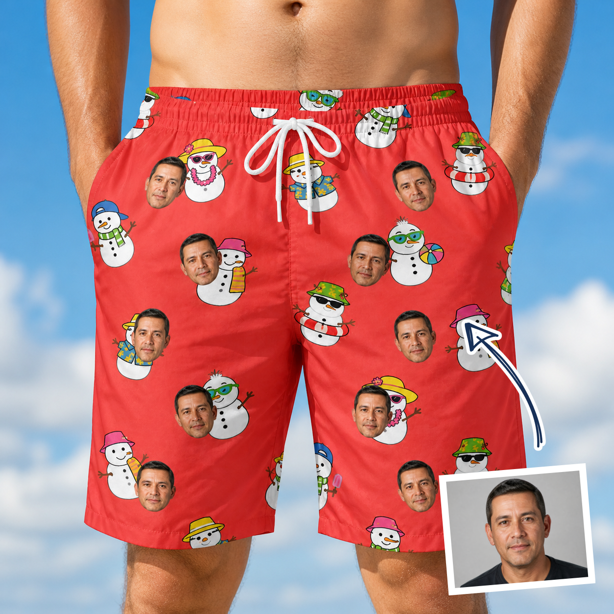 Man wearing Men's Polar Pantomime Custom Face Beach Shorts — custom faces printed all-over