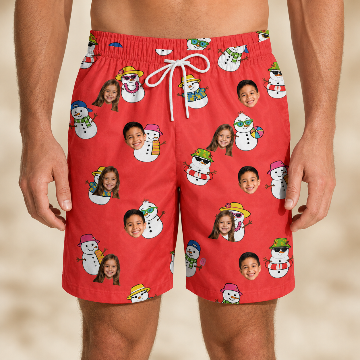 Model wearing Men's Polar Pantomime Custom Face Beach Shorts printed with kids' faces