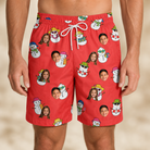 Model wearing Men's Polar Pantomime Custom Face Beach Shorts printed with kids' faces