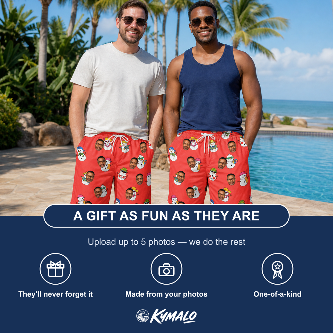 Friends in matching Men's Polar Pantomime Custom Face Beach Shorts — a group gift photo