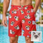 Man wearing Men's Polar Pantomime Custom Cat Face Beach Shorts — custom faces printed all-over