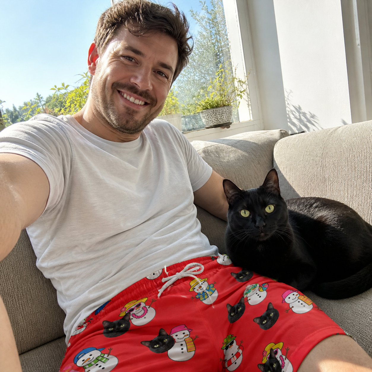 Selfie with the pet whose face is printed all over this Men's Polar Pantomime Custom Cat Face Beach Shorts