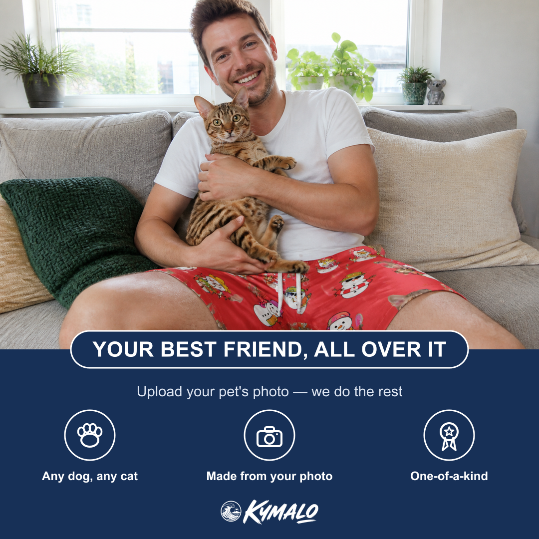 Friends in matching Men's Polar Pantomime Custom Cat Face Beach Shorts — a group gift photo