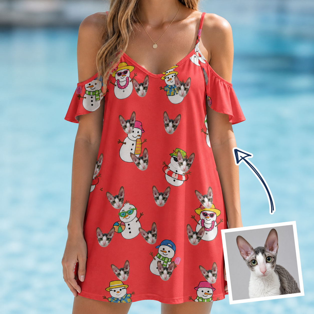 Woman wearing Women's Polar Pantomime Custom Cat Face Off-Shoulder Dress — custom faces printed all-over