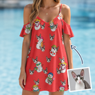 Woman wearing Women's Polar Pantomime Custom Cat Face Off-Shoulder Dress — custom faces printed all-over