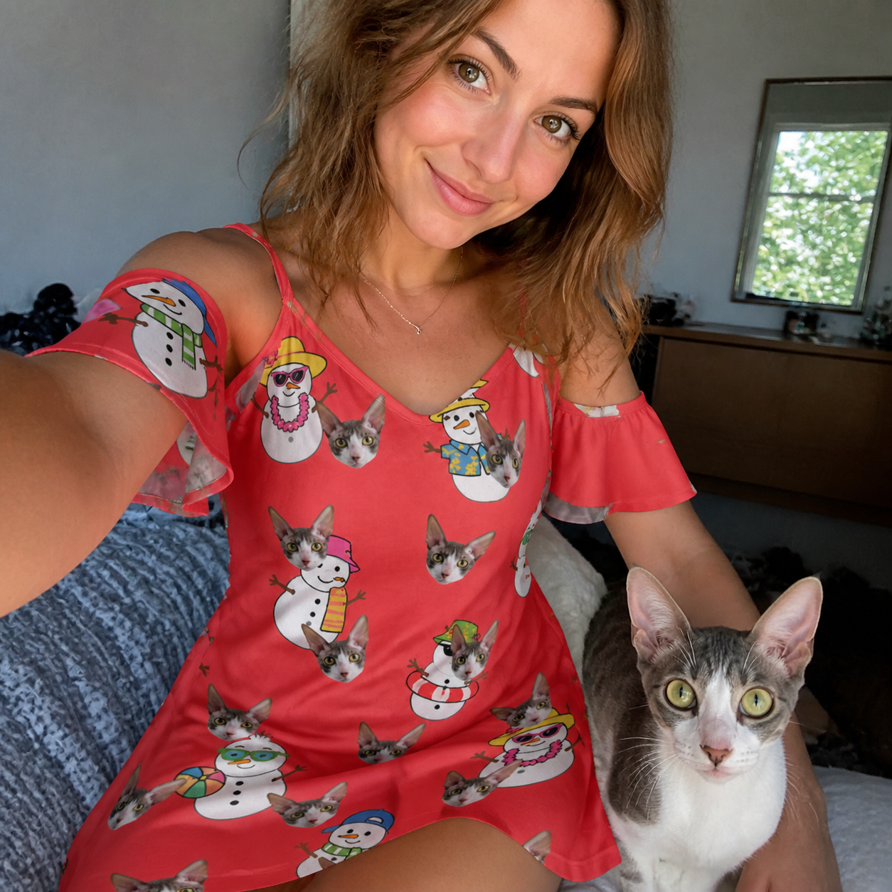Selfie with the pet whose face is printed all over this Women's Polar Pantomime Custom Cat Face Off-Shoulder Dress