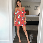 Full-length photo with the pet printed all over this Women's Polar Pantomime Custom Cat Face Off-Shoulder Dress
