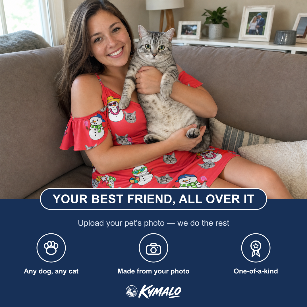 Friends in matching Women's Polar Pantomime Custom Cat Face Off-Shoulder Dress — a group gift photo