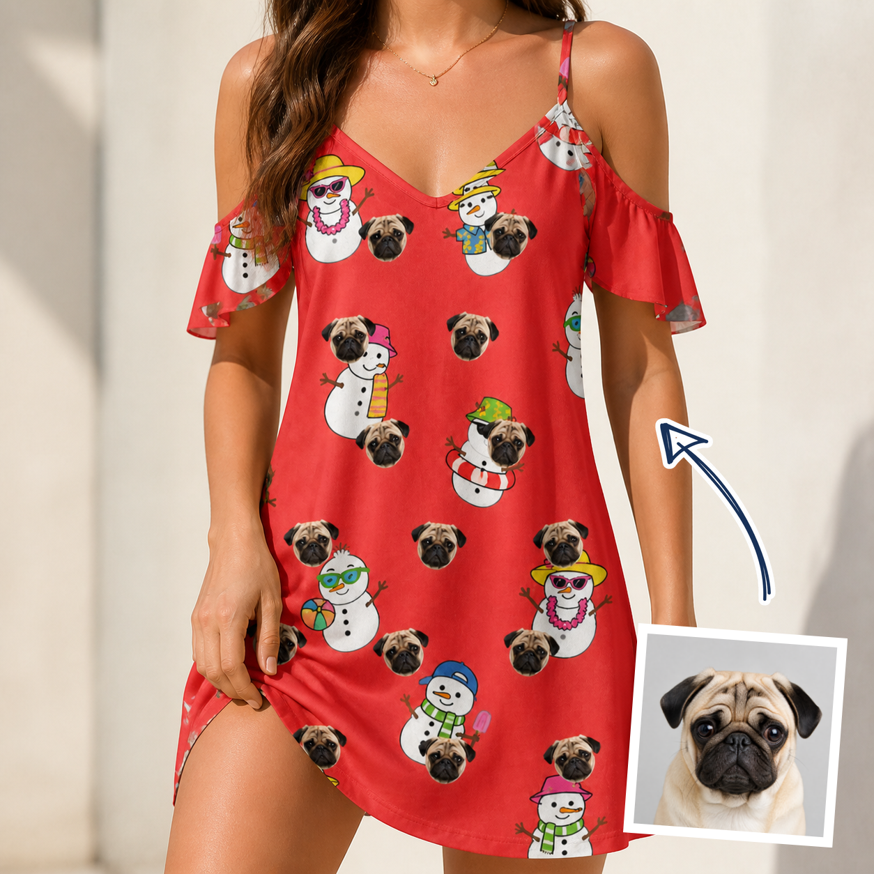 Woman wearing Women's Polar Pantomime Custom Dog Face Off-Shoulder Dress — custom faces printed all-over