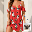 Woman wearing Women's Polar Pantomime Custom Dog Face Off-Shoulder Dress — custom faces printed all-over