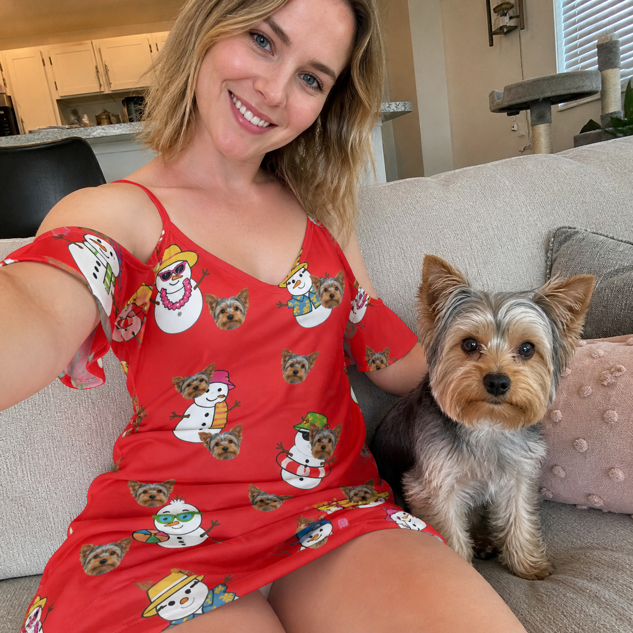 Selfie with the pet whose face is printed all over this Women's Polar Pantomime Custom Dog Face Off-Shoulder Dress
