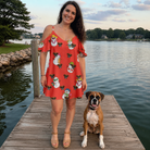 Full-length photo with the pet printed all over this Women's Polar Pantomime Custom Dog Face Off-Shoulder Dress