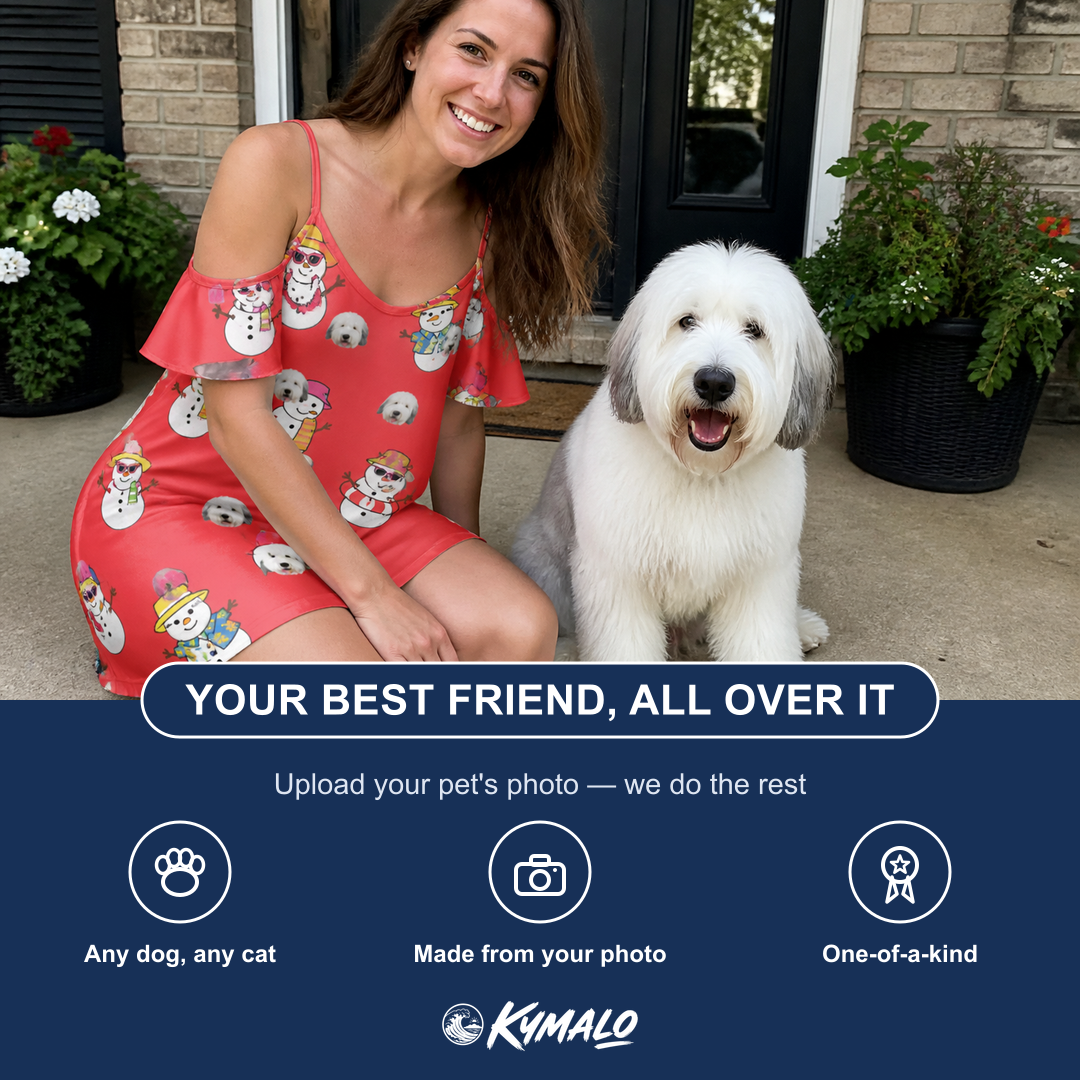 Friends in matching Women's Polar Pantomime Custom Dog Face Off-Shoulder Dress — a group gift photo