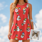 Woman wearing Women's Polar Pantomime Custom Cat Face Tank Dress — custom faces printed all-over