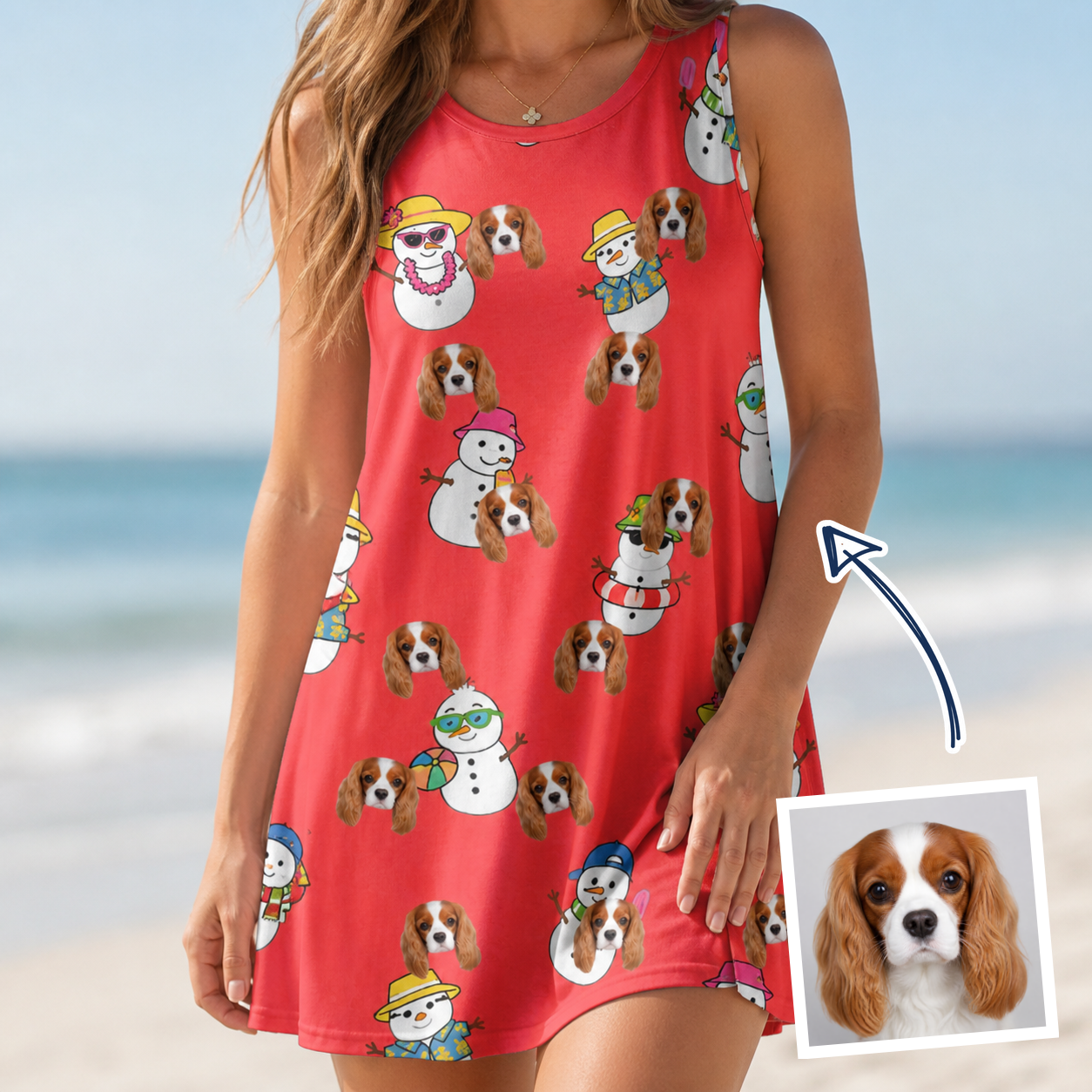 Woman wearing Women's Polar Pantomime Custom Dog Face Tank Dress — custom faces printed all-over