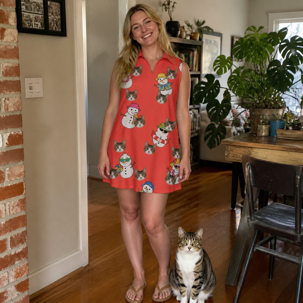 Full-length photo with the pet printed all over this Women's Polar Pantomime Custom Cat Face V-Neck Dress