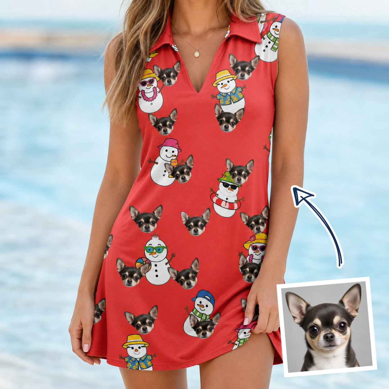 Woman wearing Women's Polar Pantomime Custom Dog Face V-Neck Dress — custom faces printed all-over
