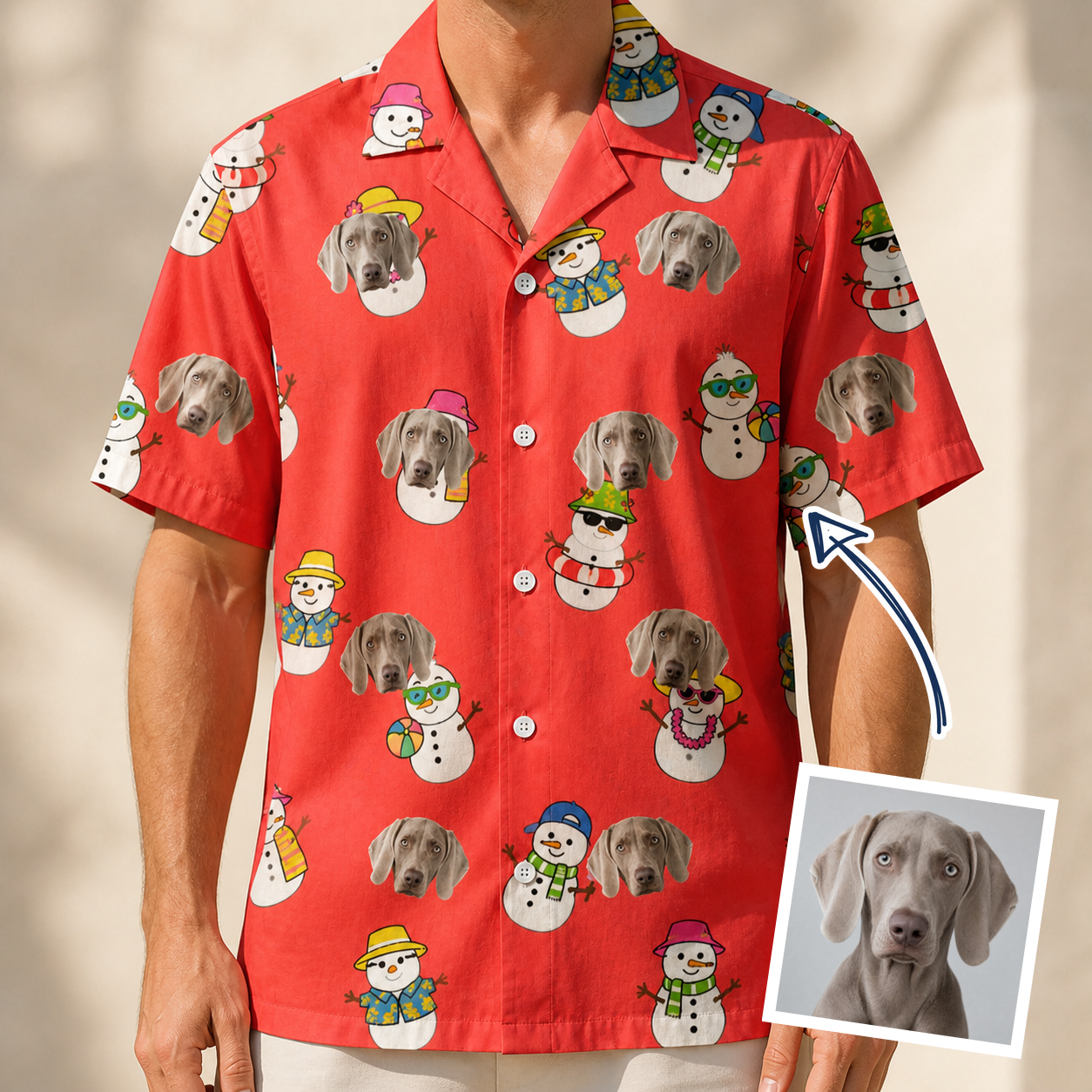 Man wearing Men's Polar Pantomime Custom Dog Face Hawaiian Shirt — custom faces printed all-over
