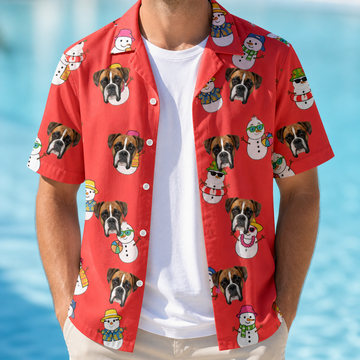 Man wearing Men's Polar Pantomime Custom Dog Face Hawaiian Shirt open over a white tee