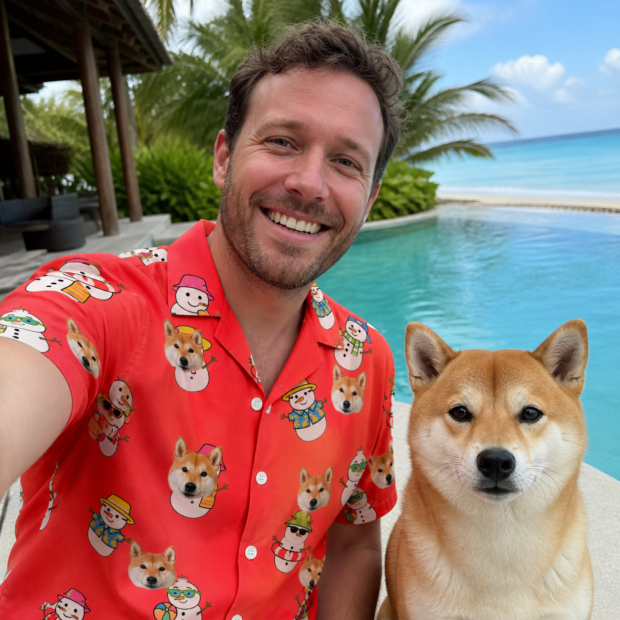 Selfie with the pet whose face is printed all over this Men's Polar Pantomime Custom Dog Face Hawaiian Shirt