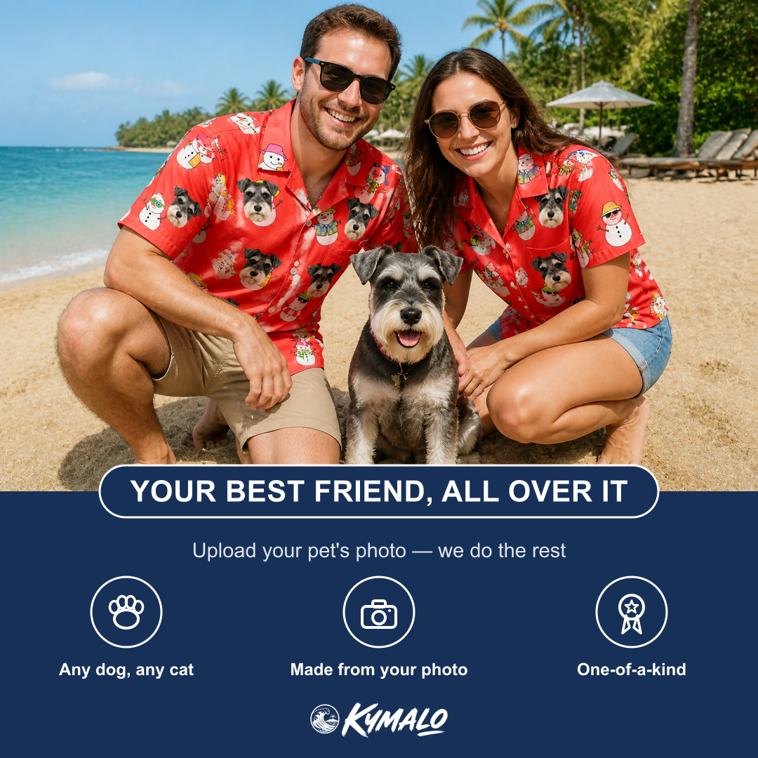 Friends in matching Men's Polar Pantomime Custom Dog Face Hawaiian Shirt — a group gift photo