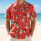 Model wearing Men's Polar Pantomime Custom Face Hawaiian Shirt printed with kids' faces