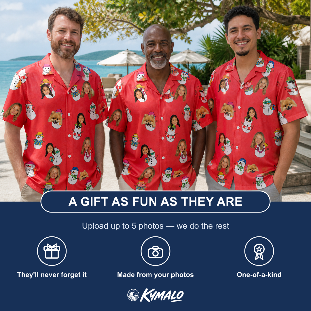 Friends in matching Men's Polar Pantomime Custom Face Hawaiian Shirt — a group gift photo