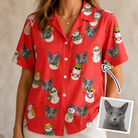 Woman wearing Women's Polar Pantomime Custom Cat Face Hawaiian Shirt — custom faces printed all-over