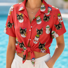 Woman wearing Women's Polar Pantomime Custom Cat Face Hawaiian Shirt tied at the waist