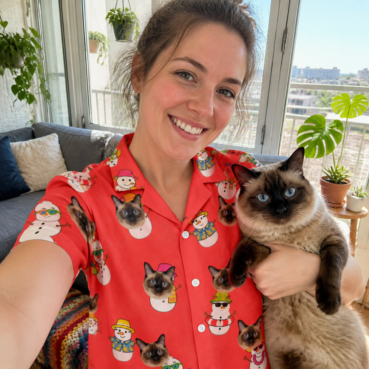 Selfie with the pet whose face is printed all over this Women's Polar Pantomime Custom Cat Face Hawaiian Shirt