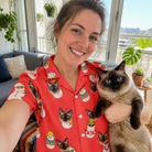 Selfie with the pet whose face is printed all over this Women's Polar Pantomime Custom Cat Face Hawaiian Shirt