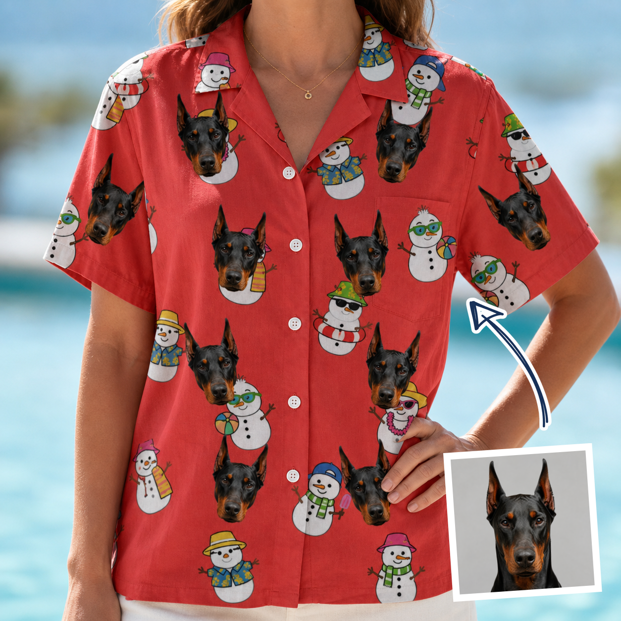 Woman wearing Women's Polar Pantomime Custom Dog Face Hawaiian Shirt — custom faces printed all-over