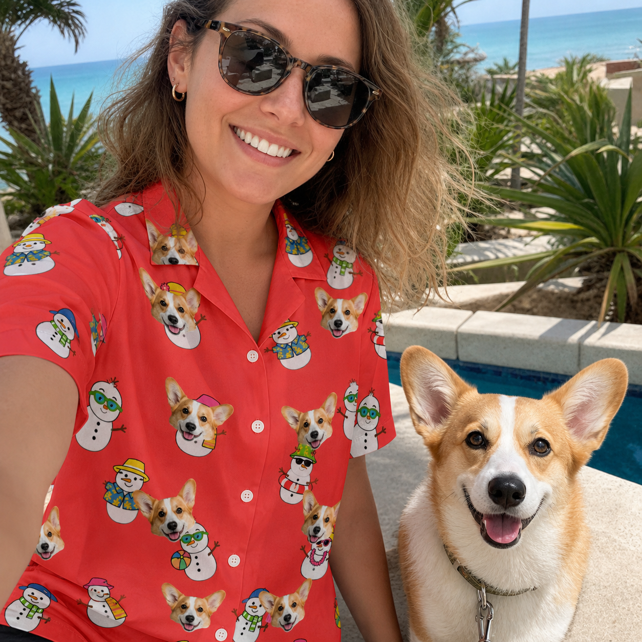 Selfie with the pet whose face is printed all over this Women's Polar Pantomime Custom Dog Face Hawaiian Shirt