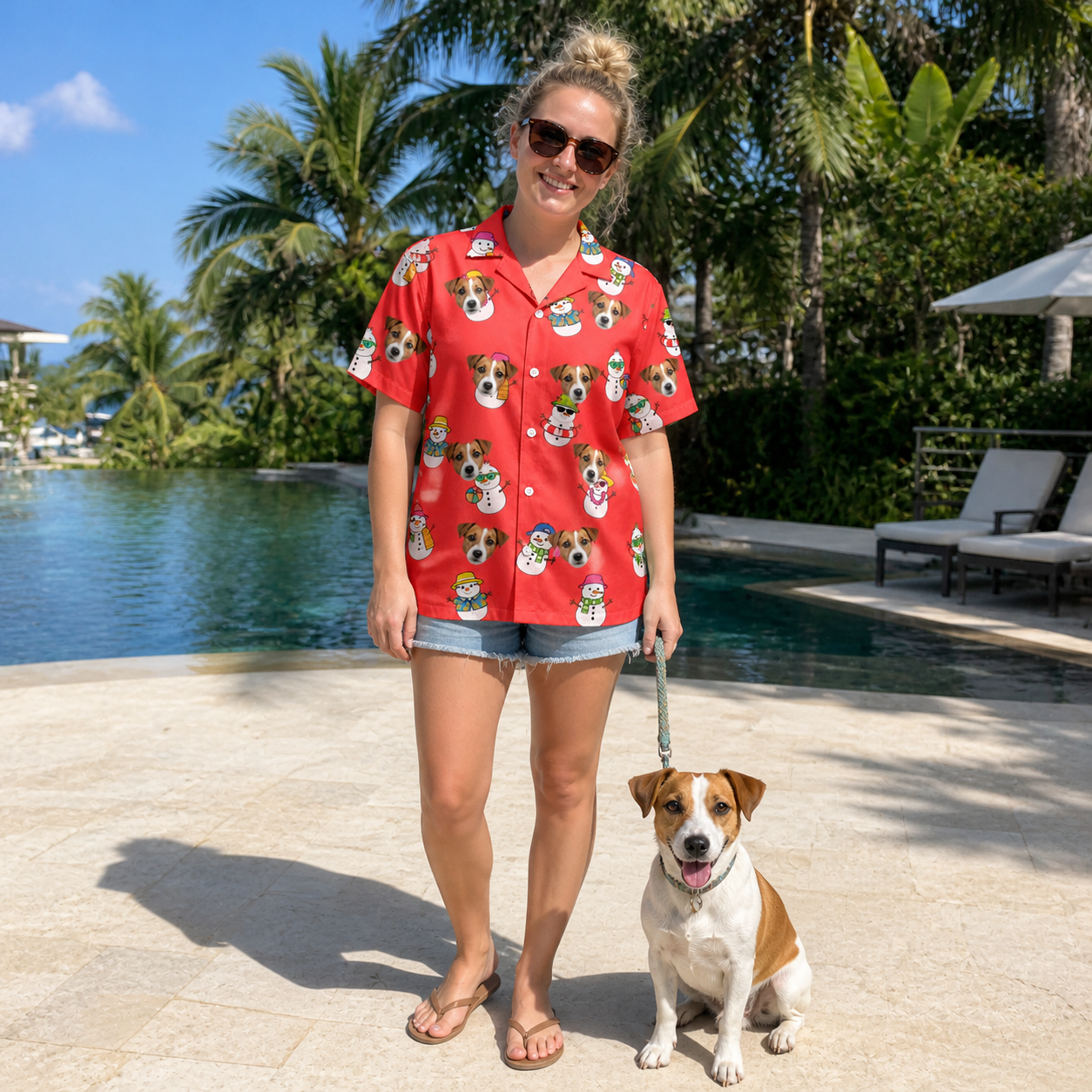 Full-length photo with the pet printed all over this Women's Polar Pantomime Custom Dog Face Hawaiian Shirt