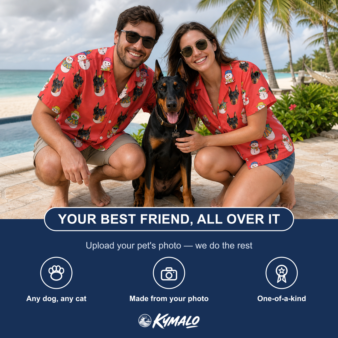 Friends in matching Women's Polar Pantomime Custom Dog Face Hawaiian Shirt — a group gift photo