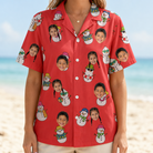 Model wearing Women's Polar Pantomime Custom Face Hawaiian Shirt printed with kids' faces
