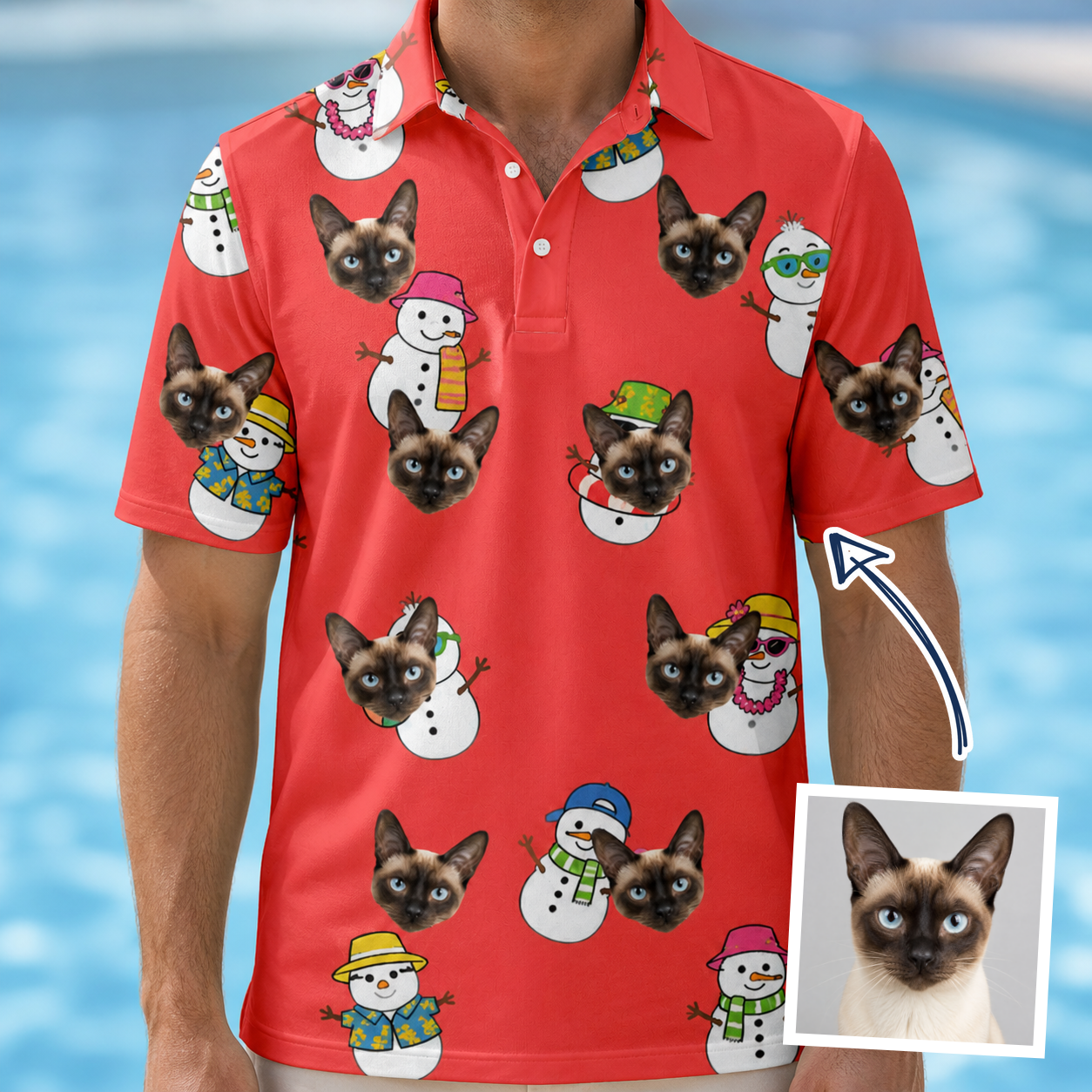 Man wearing Men's Polar Pantomime Custom Cat Face Polo Shirt — custom faces printed all-over