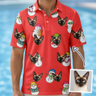 Man wearing Men's Polar Pantomime Custom Cat Face Polo Shirt — custom faces printed all-over